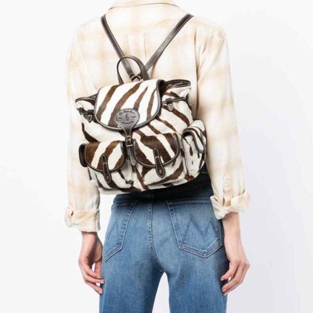 Ralph Lauren Brown and White Zebra Print Leather-Trim Backpack